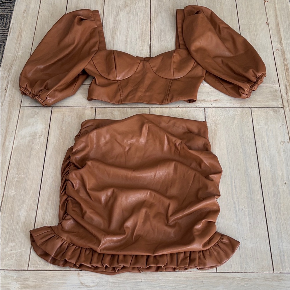 MAJORELLE Revolve Faux Leather Camel Brown Skirt & Crop Top Set Small - Picture 1 of 12